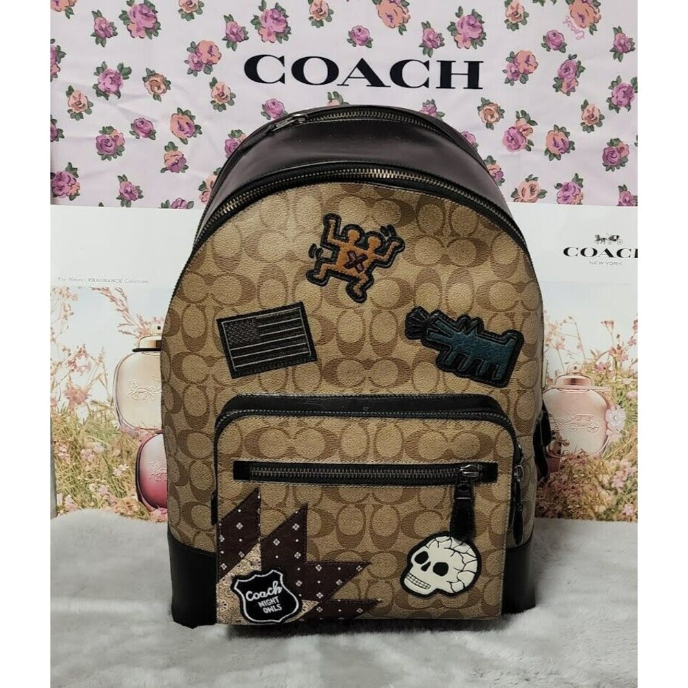 Coach Brown Keith Haring Signature Canvas Backpack with Black Trim and Patches